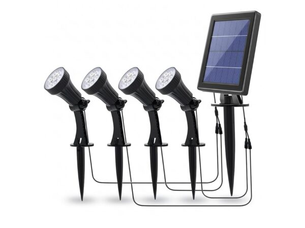 Zestaw czterech reflektorów solarnych z panelem na białym tle
