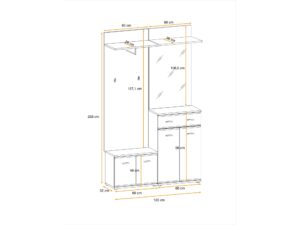 Miniaturka 4 - Zestaw do przedpokoju z panelem tapicerowanym lustrem i siedziskiem Arvello 120 cm dąb Sonoma – rysunek z wymiarami, widok 2