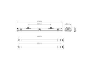 Miniaturka 1 - Schemat oprawy hermetycznej 2 × 120 cm wraz z wymiarami 1270 × 96 × 60 mm