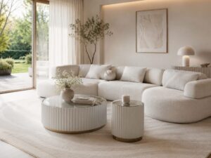 Miniaturka 4 - Zestaw stolików kawowych Eleganza przed jasną sofą – aranżacja salonu
