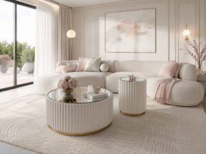 Miniaturka 5 - Okrągłe stoliki kawowe Eleganza przy kremowej sofie – aranżacja