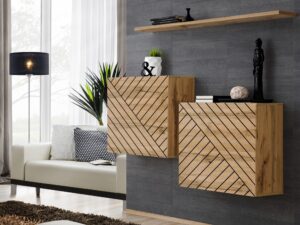 Miniaturka 6 - Zestaw szafek wiszących Kelmoro 130 cm z ryflowanymi frontami i półką w aranżacji salonu