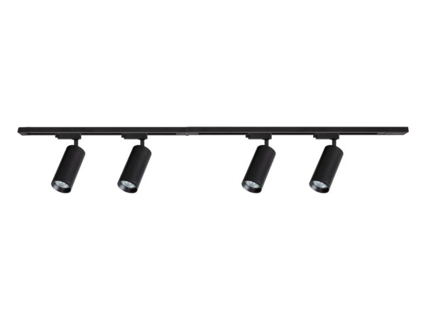 Czarny zestaw szynowy 150 cm z czterema cylindrycznymi reflektorami GU10 w linii na białym tle