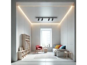 Miniaturka 8 - Czarny zestaw szynowy czterech reflektorów GU10 na suficie jasnego salonu