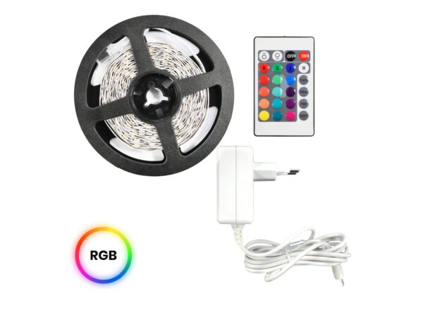 Kompletny zestaw taśmy LED RGB 5 m ze sterownikiem, pilotem i zasilaczem na białym tle