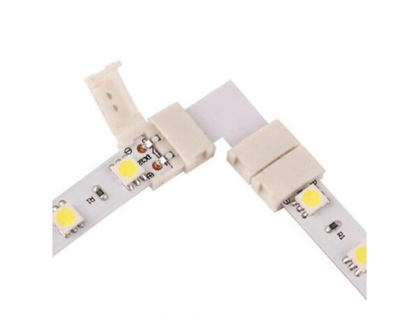 Biała złączka narożna typu L do taśmy LED 8 mm, dwa prostopadłe zaciski na białym tle