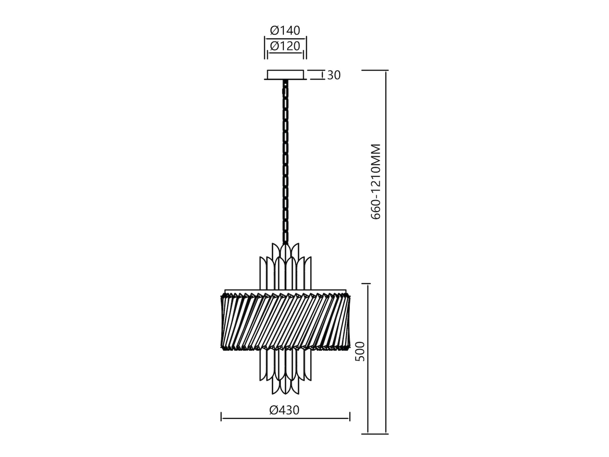 Żyrandol Aredira sześciopunktowy, rysunek wymiarowy średnicy i zawieszenia