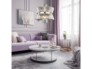 Miniaturka 11 - Chromowany żyrandol Nevisia dwunastopunktowy w salonie z fioletową kanapą