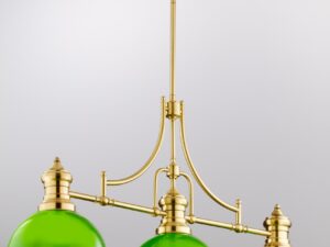 Miniaturka 2 - Lampa wisząca Platino z trzema zielonymi kloszami i mosiężnym stelażem