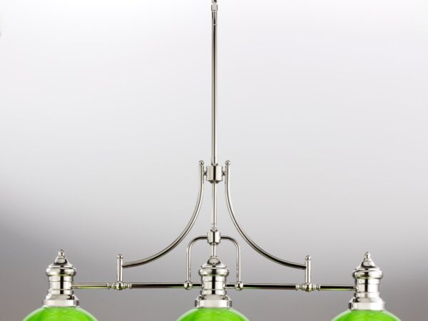 Lampa wisząca Platino z trzema zielonymi kloszami i niklowanym stelażem