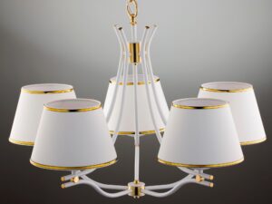 Miniaturka 4 - Żyrandol Samba detal białych kloszy i złotych obrzeży