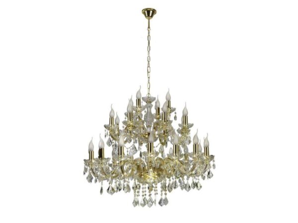 Złoty żyrandol Serovia 28-punktowy z kryształowymi ozdobami.