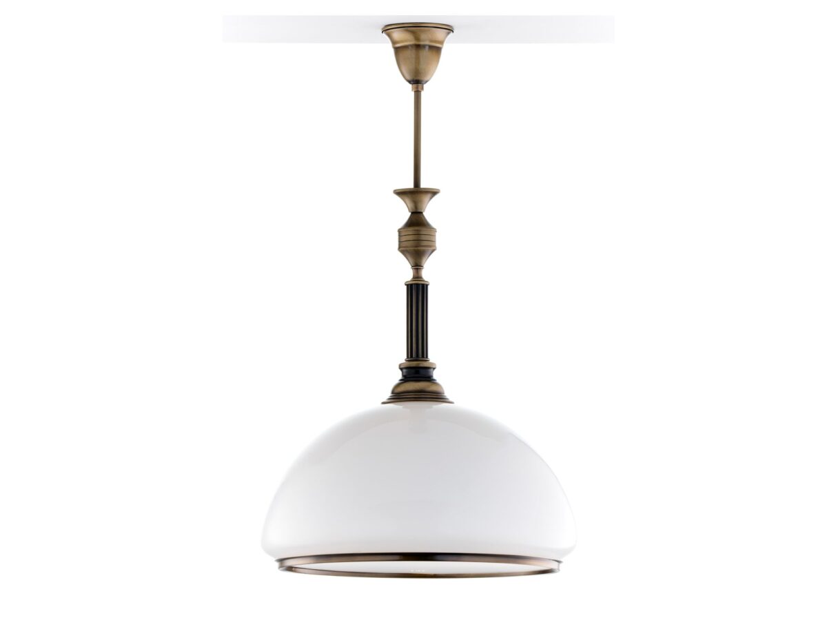Lampa wisząca Zeus z białym kloszem – mosiądz patynowany